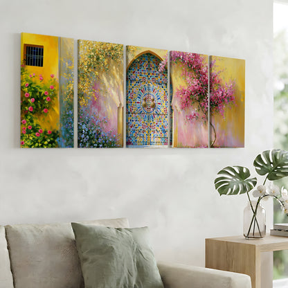 a living room with a large, colorful painting of a stained glass window hanging on the wall. The painting is composed of six panels, each depicting a different scene with vibrant colors and intricate designs. In the foreground, there is a couch and a small table with a vase of flowers, adding a touch of nature and elegance to the room.