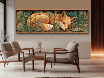 Fox Print On Wood - Rustic Woodland Wall Decor With Beige Green Planks