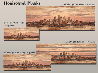 Kansas City Wood Print – Panoramic Skyline Painting on Distressed Wood Art