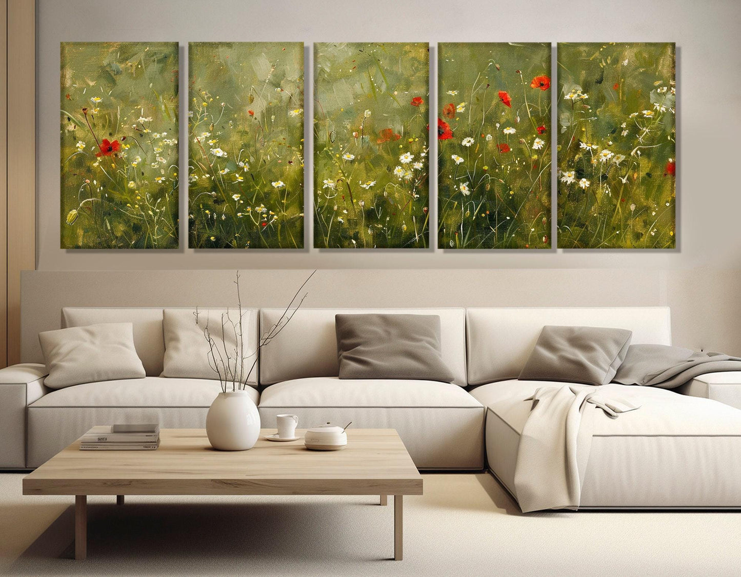 Green Meadow Canvas Print – Floral Wall Art with Poppies and Daisies | Ready to Hang