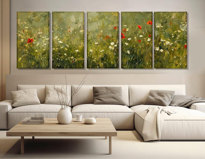 Green Meadow Canvas Print – Floral Wall Art with Poppies and Daisies | Ready to Hang