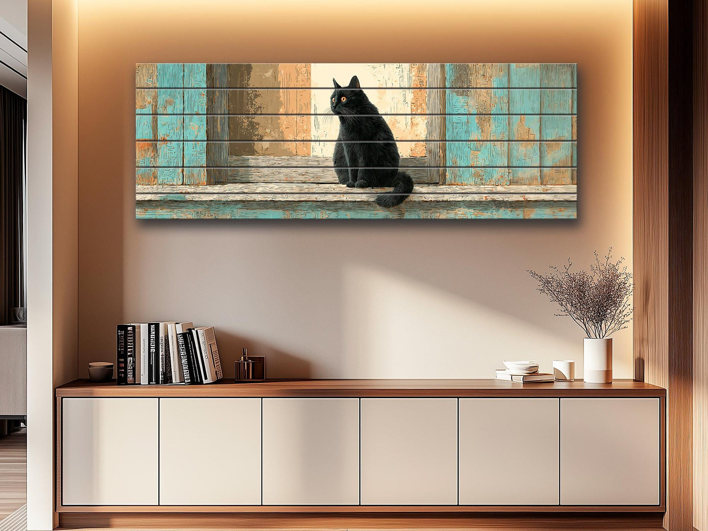 Black Cat Wood Art – Rustic Wood Print | Cozy Beige Aqua Wall Decor