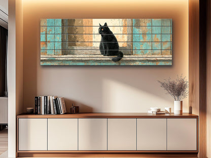 Black Cat Wood Art – Rustic Wood Print | Cozy Beige Aqua Wall Decor