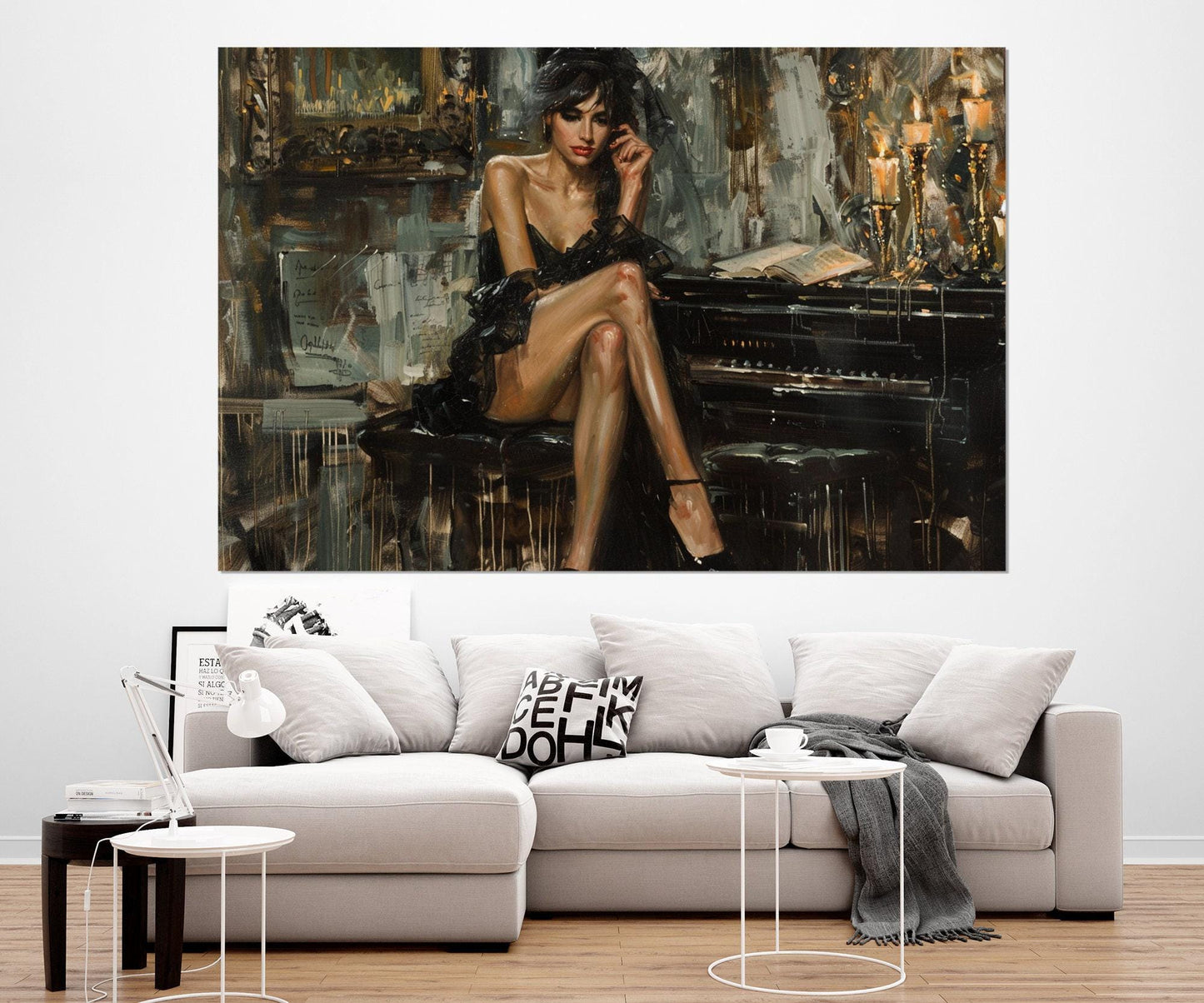 Boldini Style Canvas - Sexy Woman Piano Painting, Framed Ready to Hang