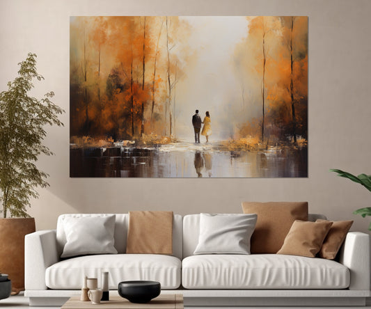 Autumn Forest Canvas Print - Romantic Couple Wall Decor, Ready to Hang Framed Art