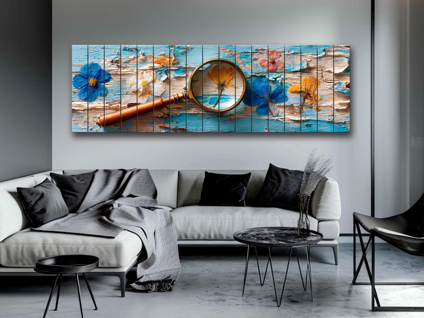 Pressed Flowers Wood Print – Rustic Nature Art on Blue Peeling Paint Wood Planks