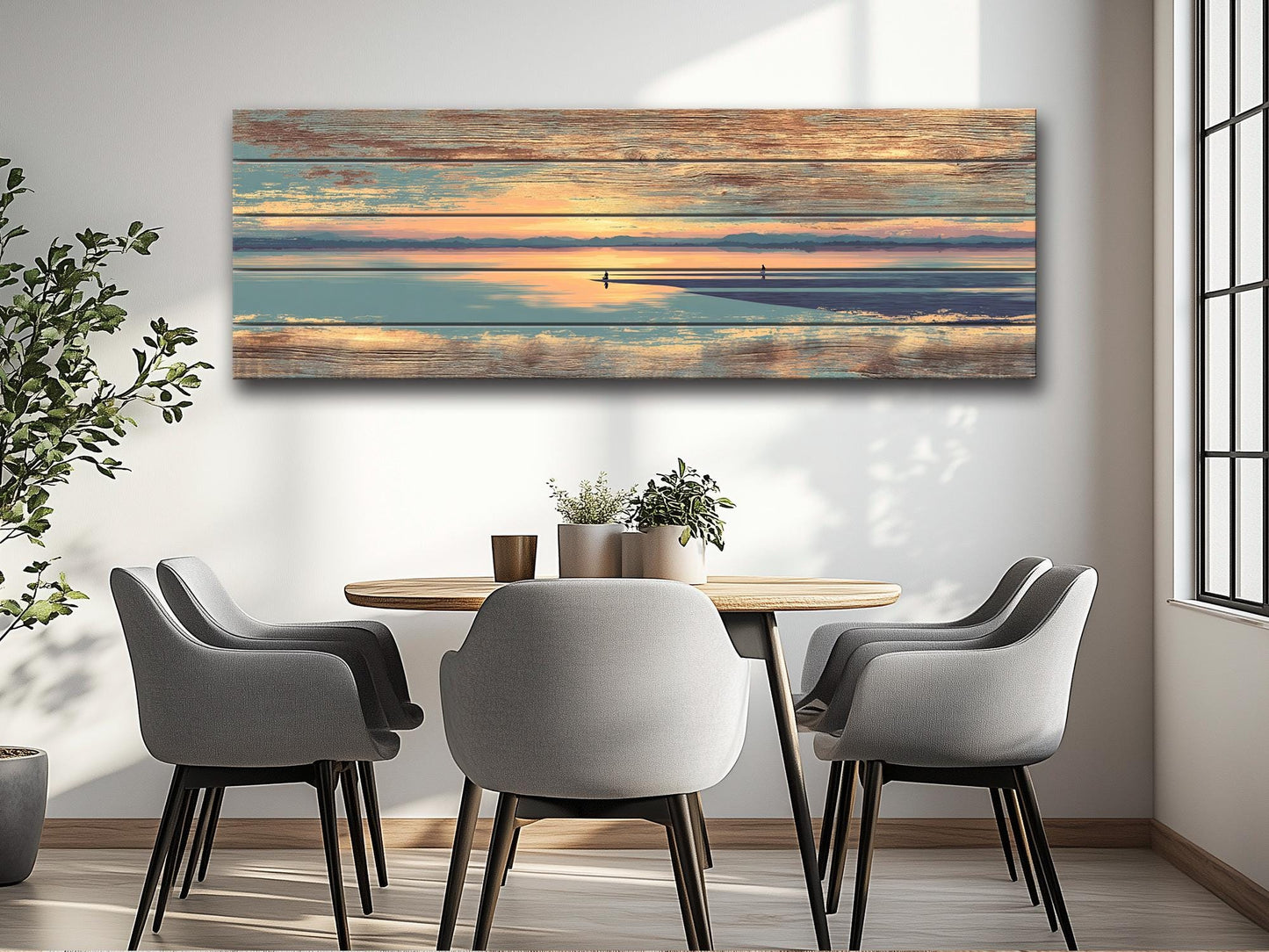 Sunrise Beach Yoga Print – Wooden Yoga Wall Art With Coastal Meditation Scene