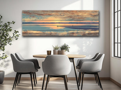 Sunrise Beach Yoga Print – Wooden Yoga Wall Art With Coastal Meditation Scene