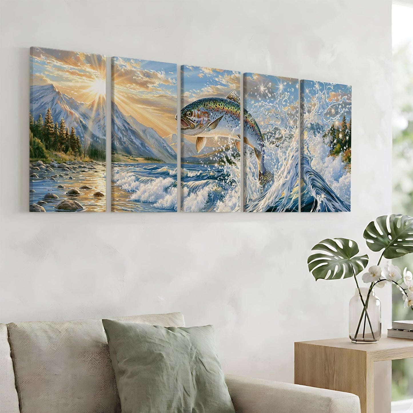 a large, vibrant painting of a fish leaping out of the water, set against a backdrop of mountains and a sunset sky.