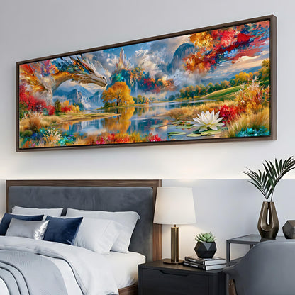 a large, colorful painting of a serene landscape with a dragon, a lake, and mountains in the background. The painting is hanging on a wall above a bed with white bedding and a nightstand with a lamp.