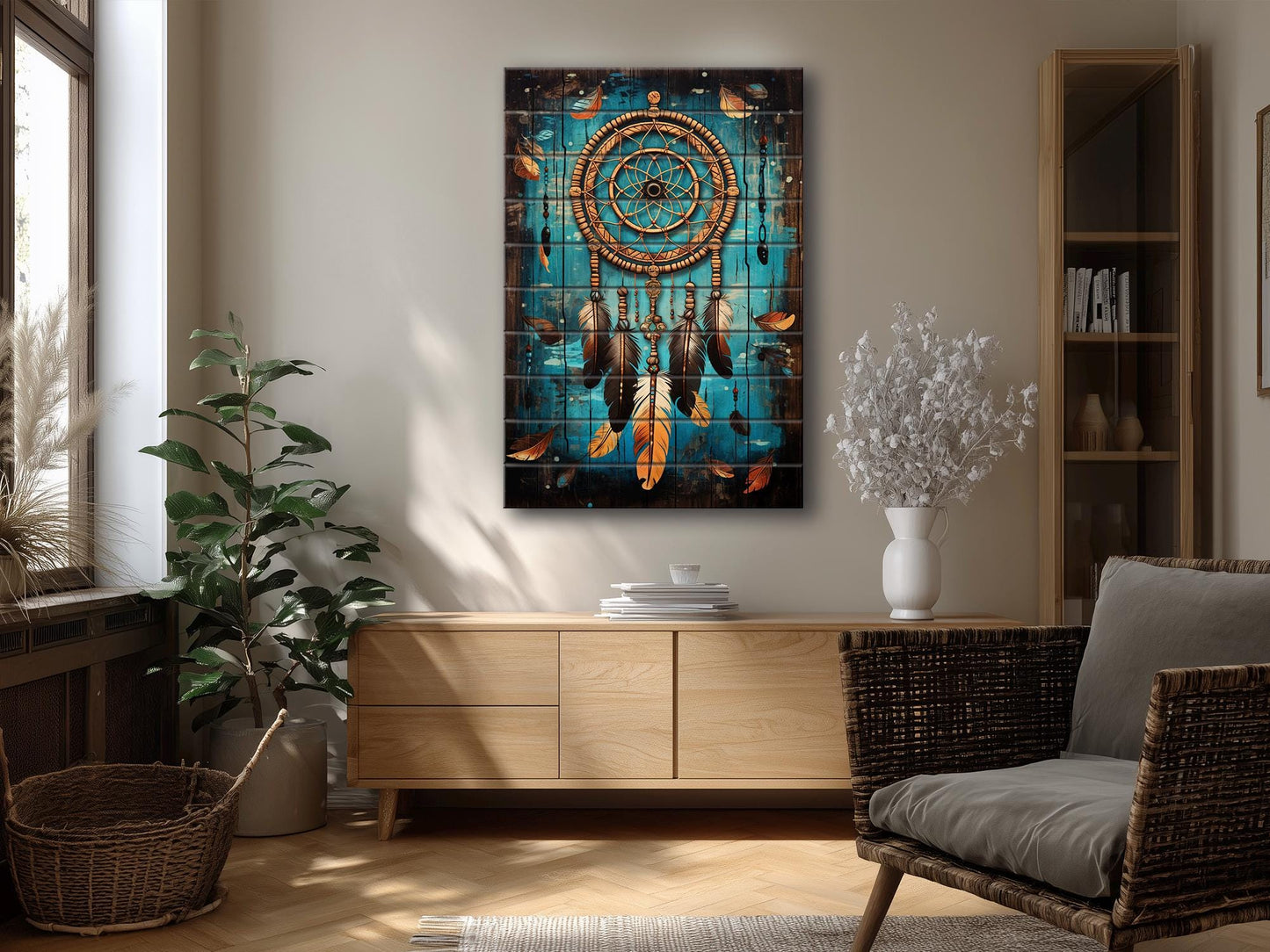 Dreamcatcher Wood Art – Boho Wall Decor on Natural Wood with Unique Grain