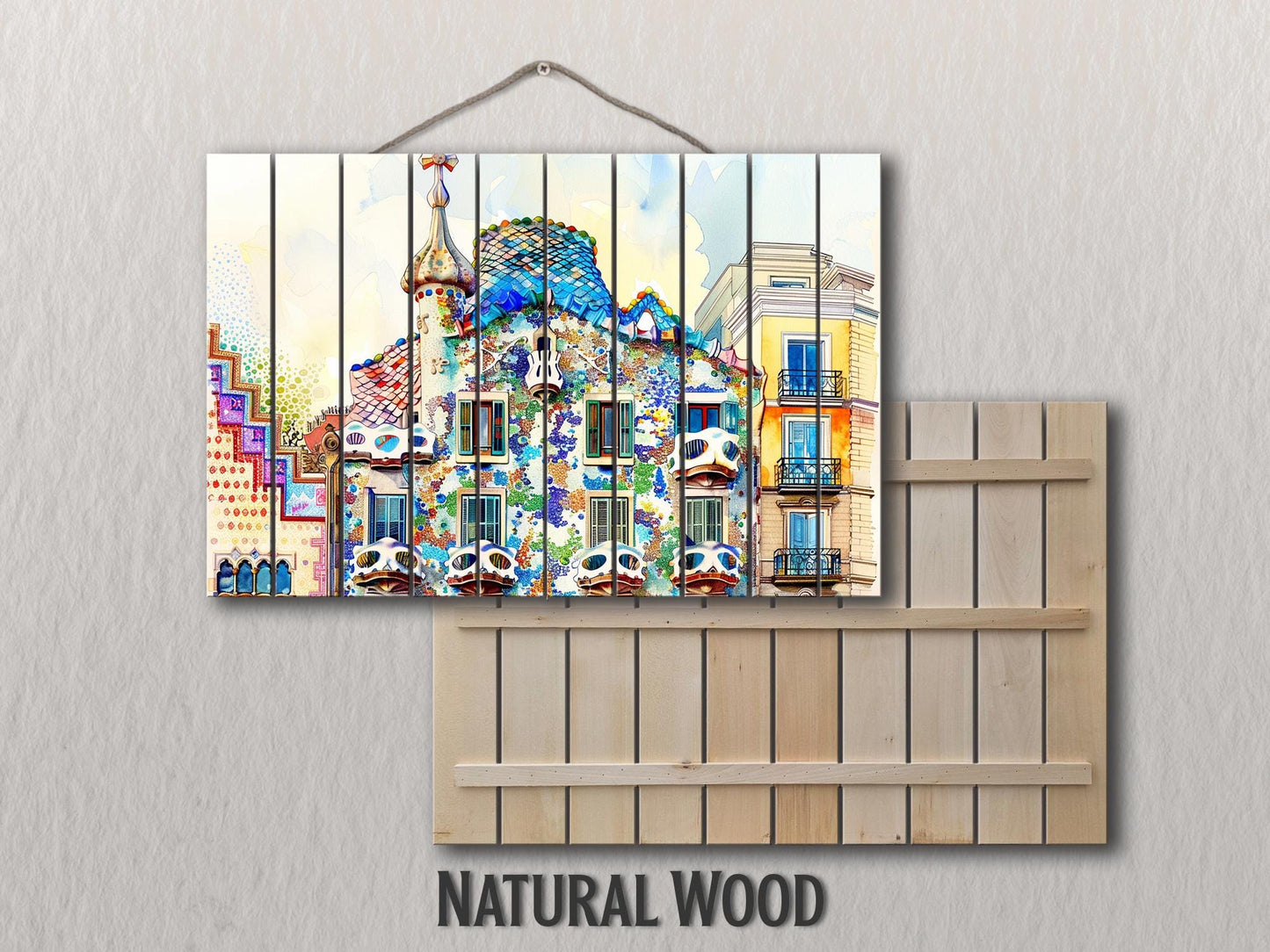 Casa Batlló In Barcelona by Antoni Gaudí Painting Printed on Natural Wood, Barcelona Wall Art, Casa Dels Ossos Print, Wood Wall Art