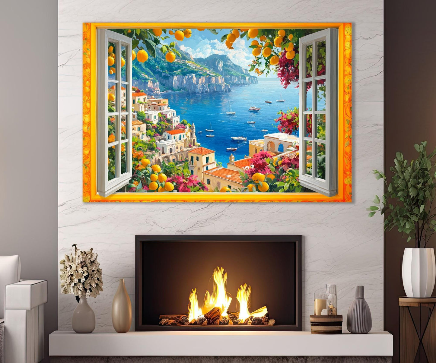 Open Window with Amalfi Coast Canvas Print, Amalfi Painting, Window to Italy, Amalfi Wall Art, Framed and Ready to Hang