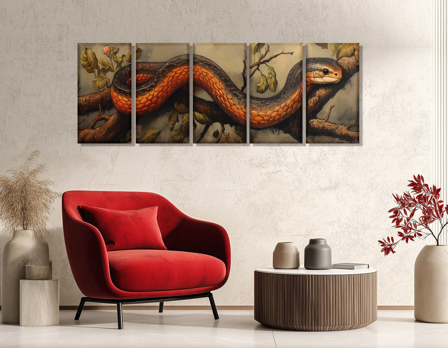 Vintage Snake Artwork Canvas - Framed Cotton Canvas Print | Red Snake Wall Art