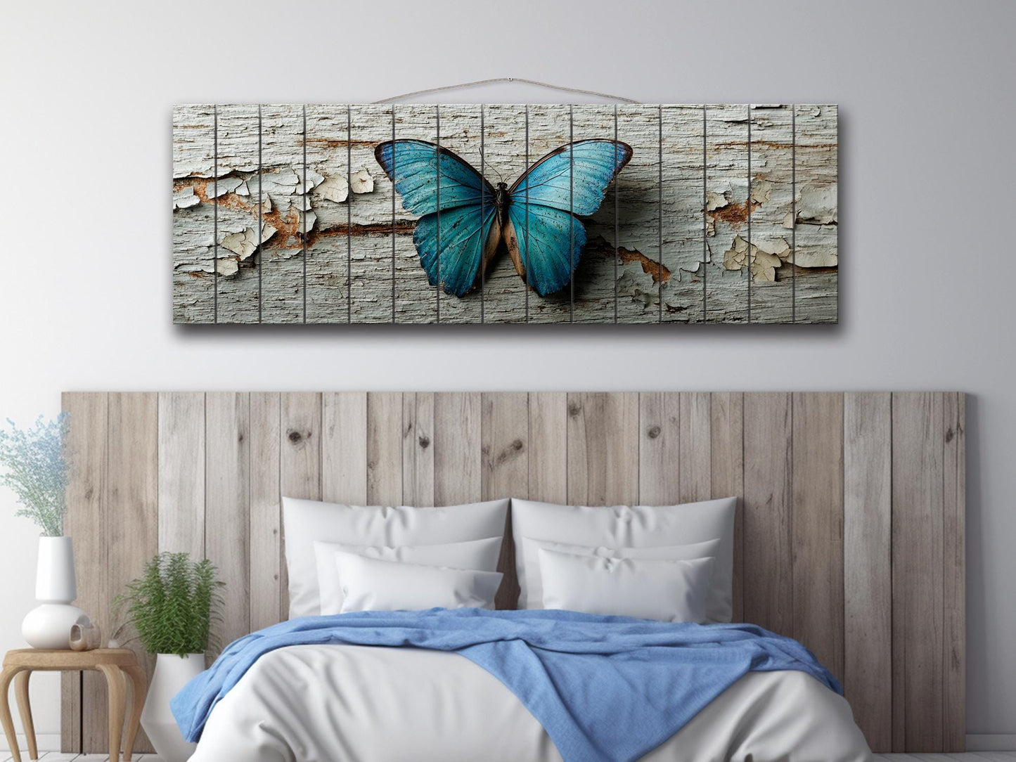 Blue Butterfly Wall Art – Rustic Wood Decor With Pastel Butterfly Print On Wood