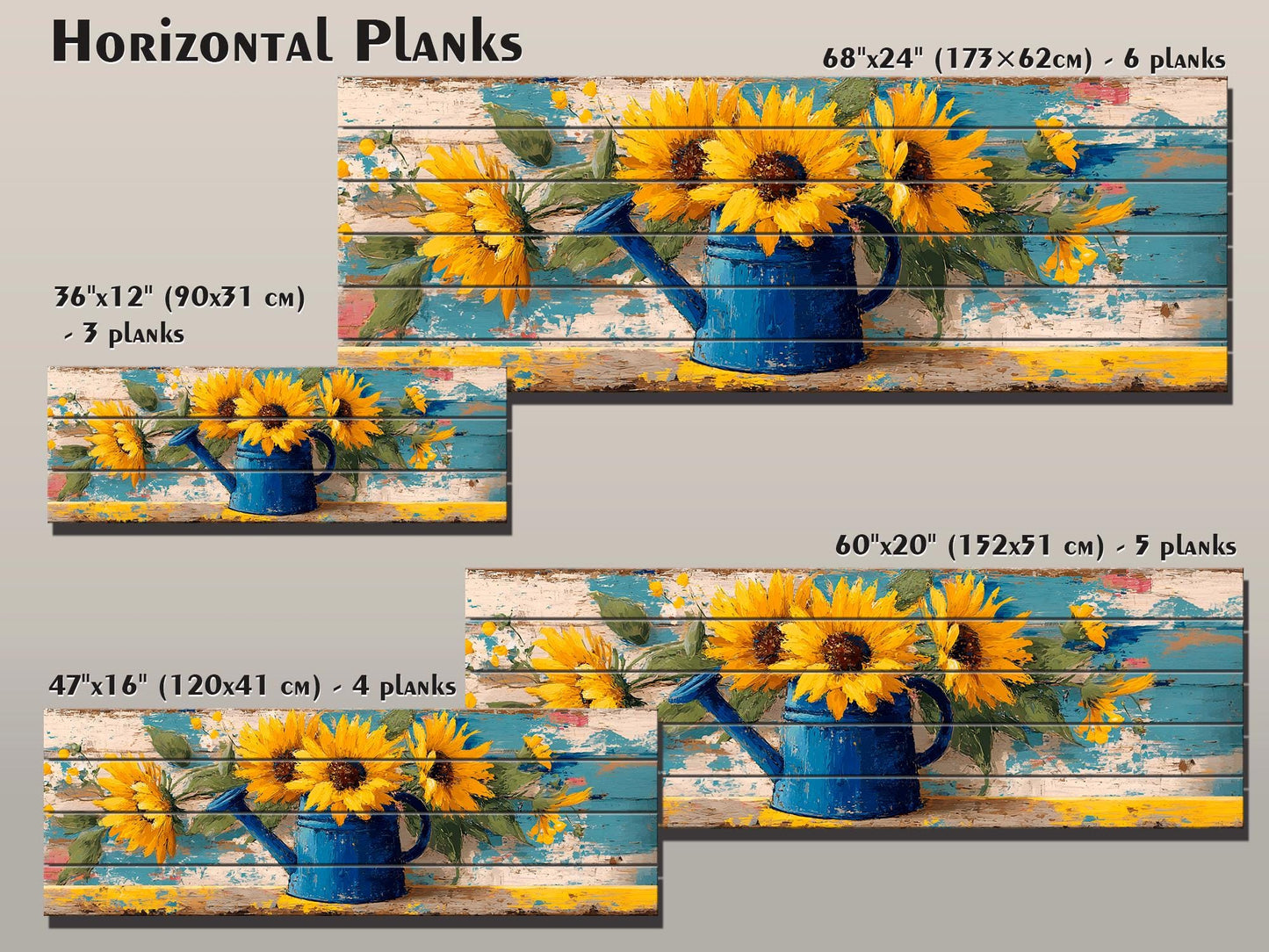 Sunflowers Wood Art - Handcrafted Rustic Wood Wall Art with Weathered Watering Can Print