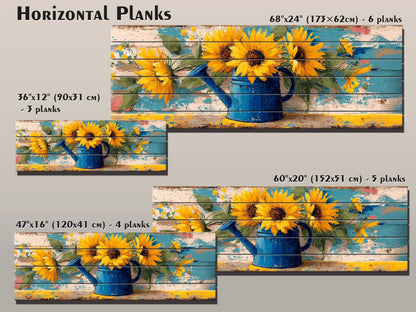 Sunflowers Wood Art - Handcrafted Rustic Wood Wall Art with Weathered Watering Can Print