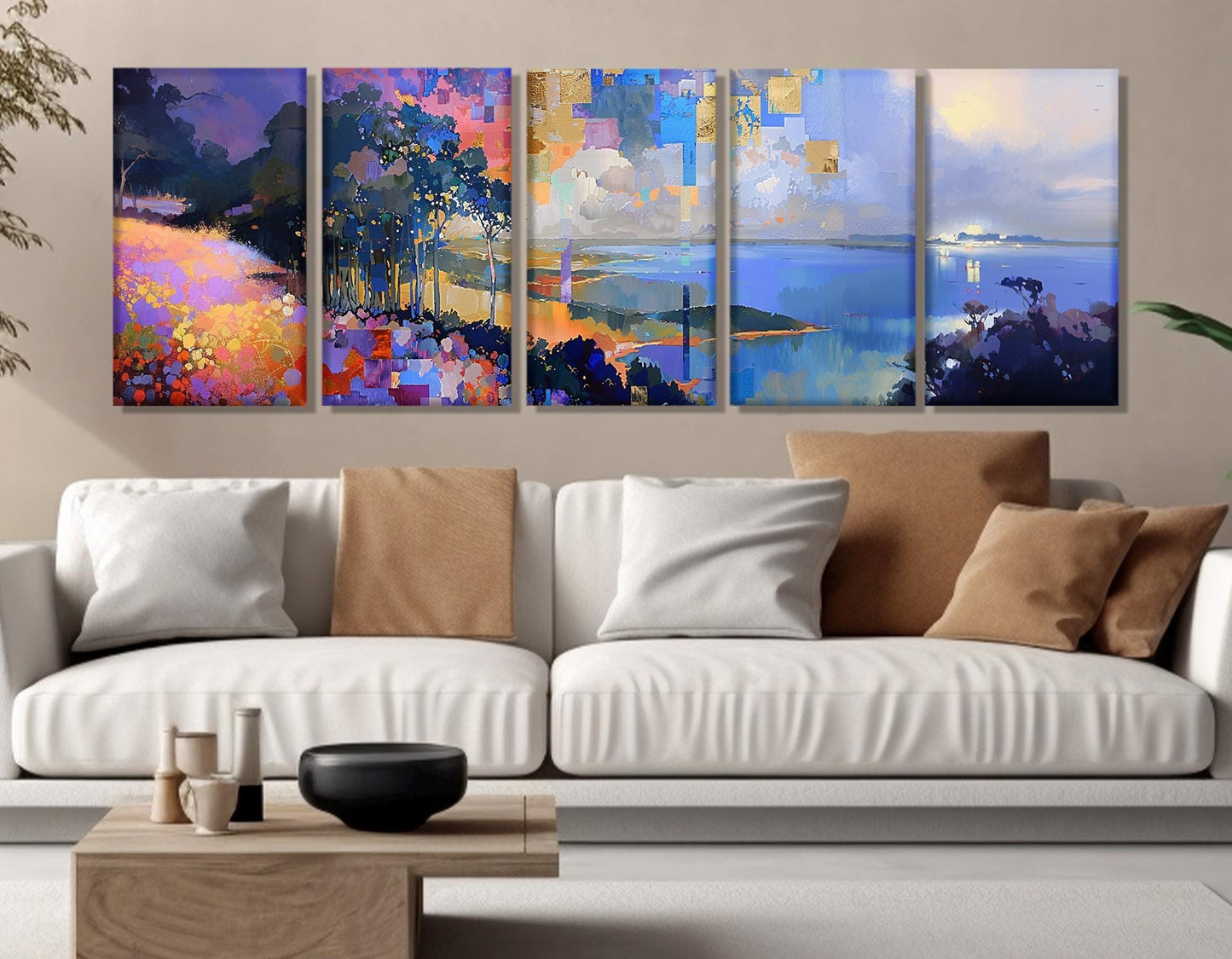 Large Abstract Nature Painting Canvas Print - Cubism Impressionist Wall Art, Framed