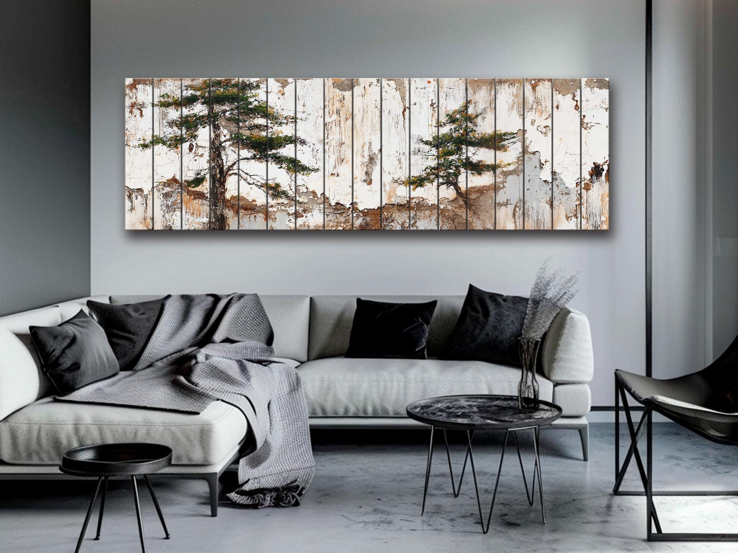 Wabi Sabi Wood Art – Rustic Wall Art with Pine Trees on Textured Wood Panel