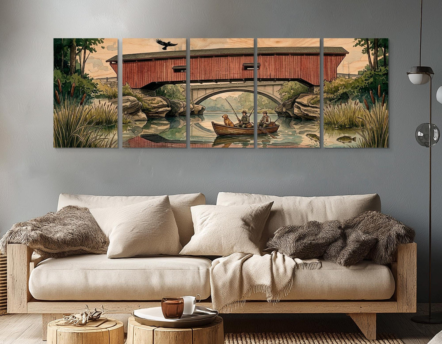 Narrows Bridge Canvas Print, Panoramic Covered Bridge Painting, Large River Wall Art, Framed and Ready to Hang