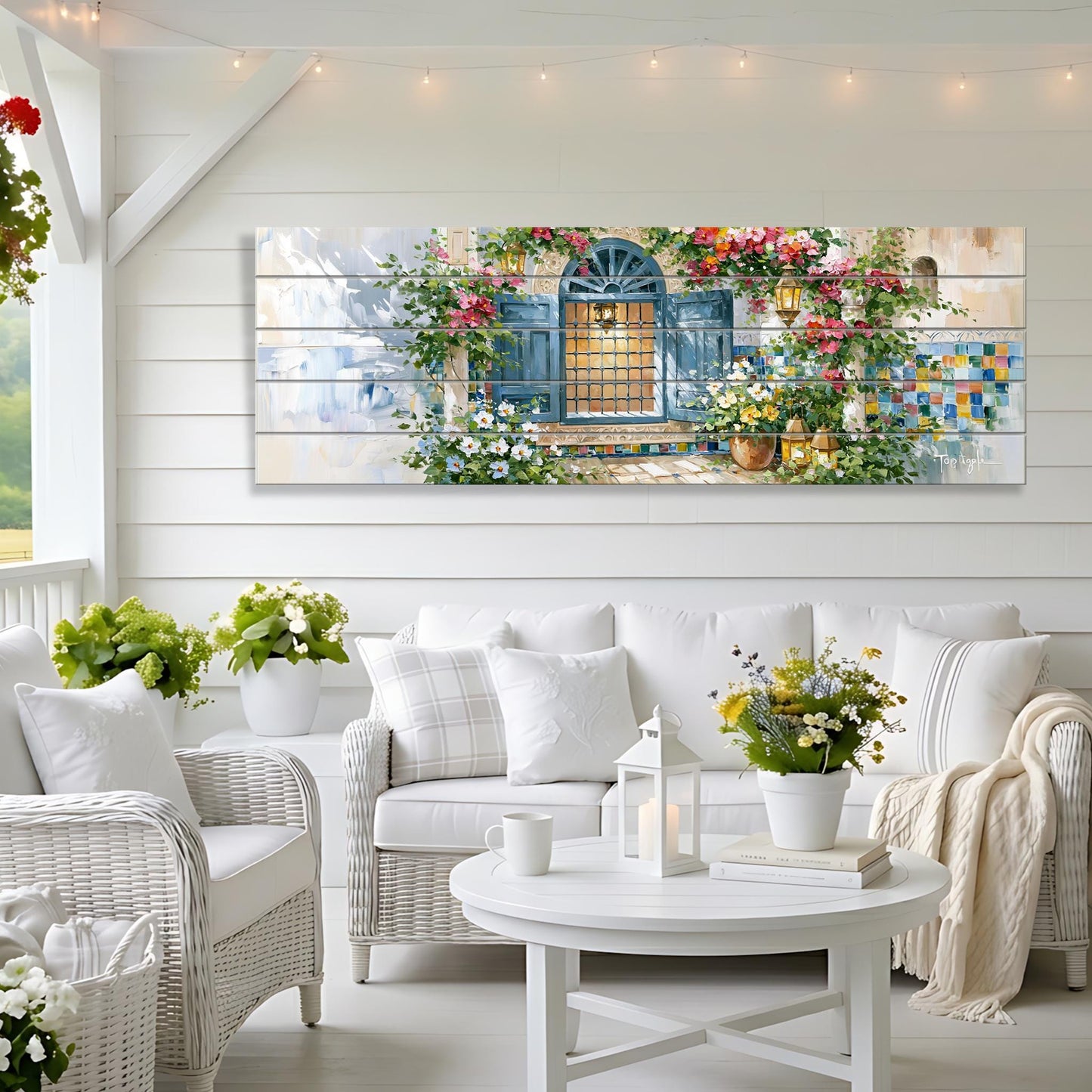 a cozy and inviting living room with a white color scheme and a wicker furniture arrangement. A large painting of a blue door with a flower-adorned window is displayed on the wall, adding a touch of nature and charm to the space. The room is decorated with potted plants, vases, and a table with a lantern, creating a warm and welcoming atmosphere.