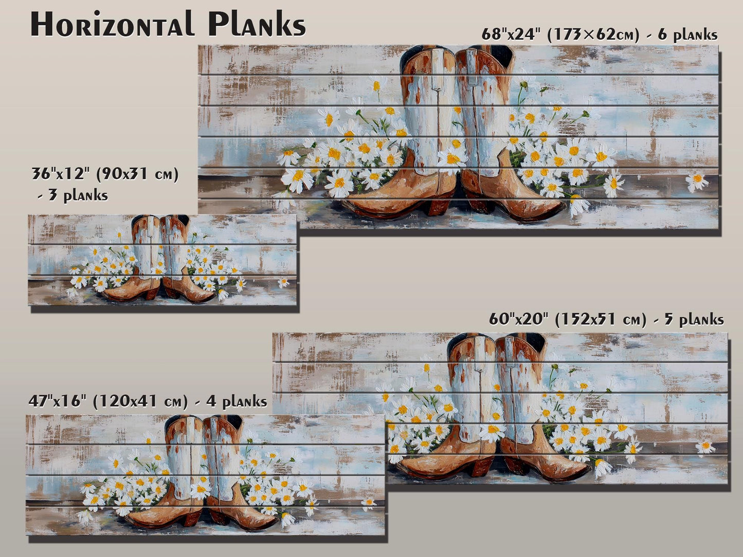 Cowboy Boots Wall Art - Handcrafted Wood Print | Rustic Western Decor with Daisies