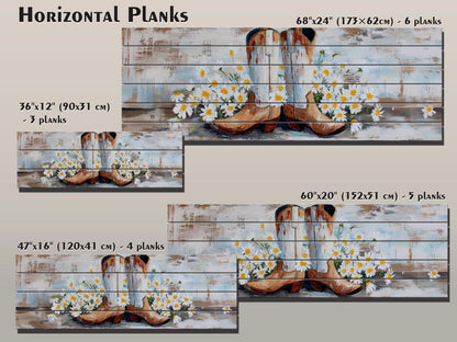 Cowboy Boots Wall Art - Handcrafted Wood Print | Rustic Western Decor with Daisies