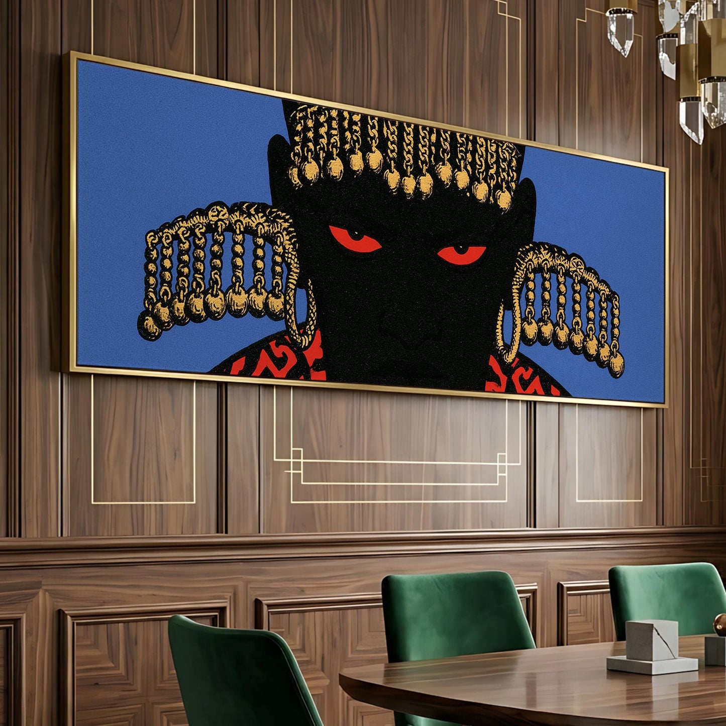a large, colorful painting of a person's face with red eyes and gold accents, hanging on a wooden wall above a dining table with green chairs.
