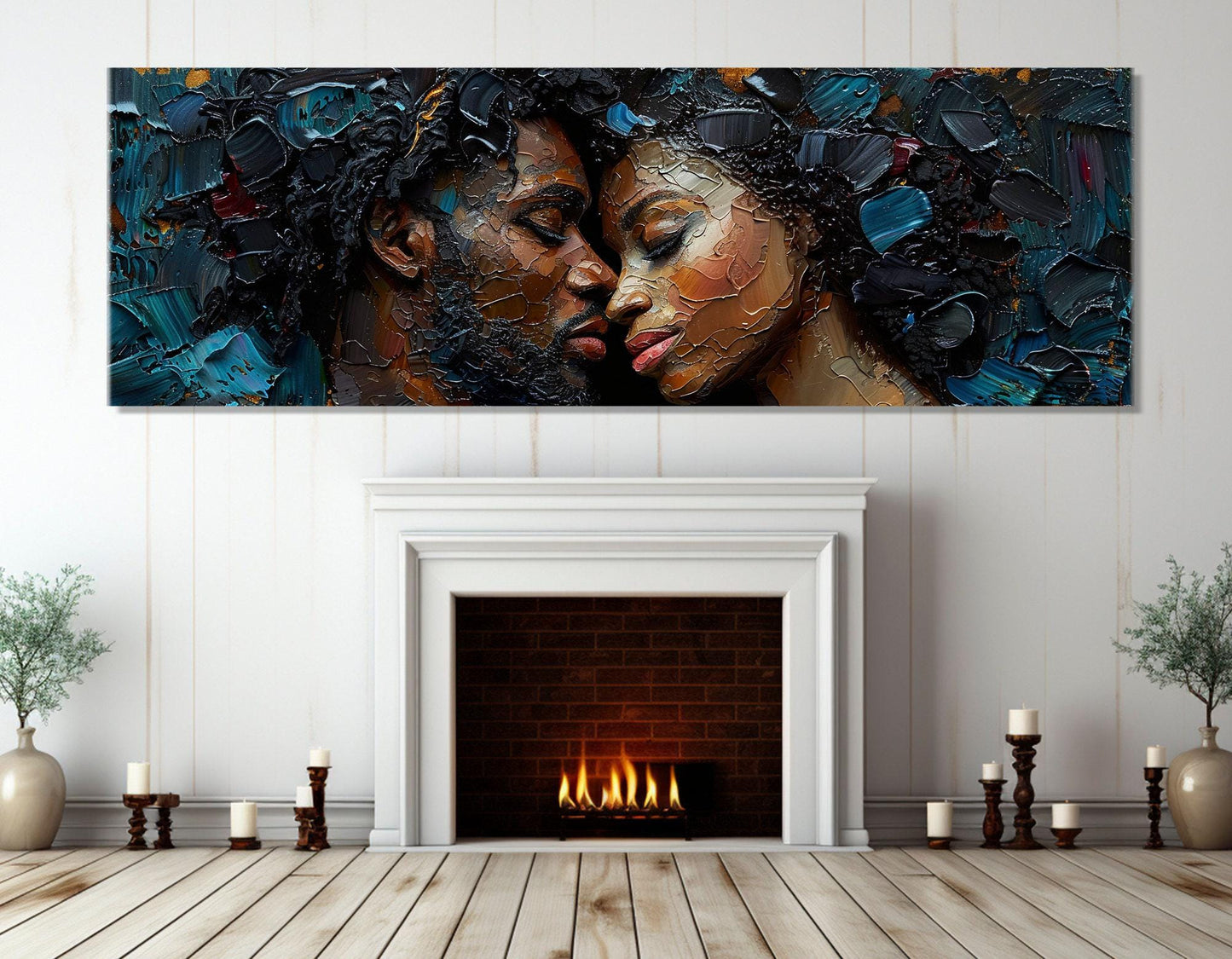 African Couple Painting – Framed Canvas Print | Romantic Wall Art Ready to Hang