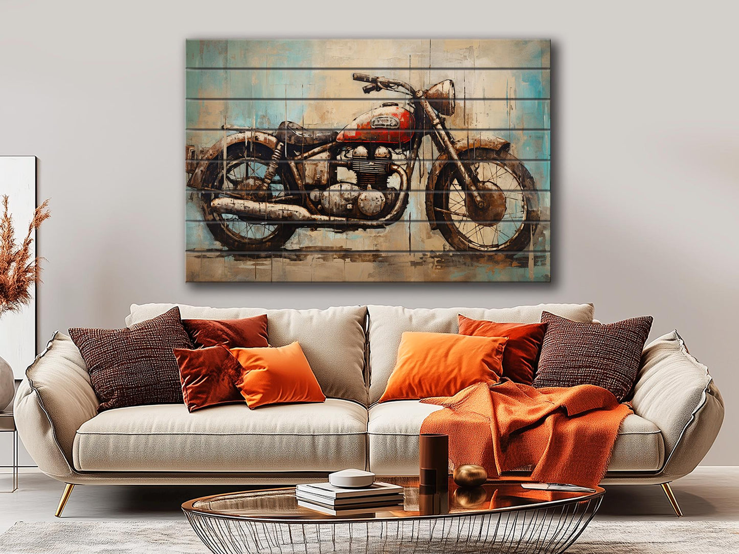 Abstract Rustic Painting of Vintage Motorbike Printed on Natural Wood