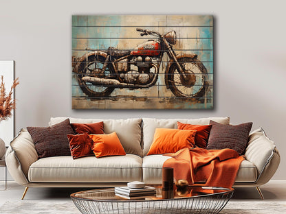 Abstract Rustic Painting of Vintage Motorbike Printed on Natural Wood