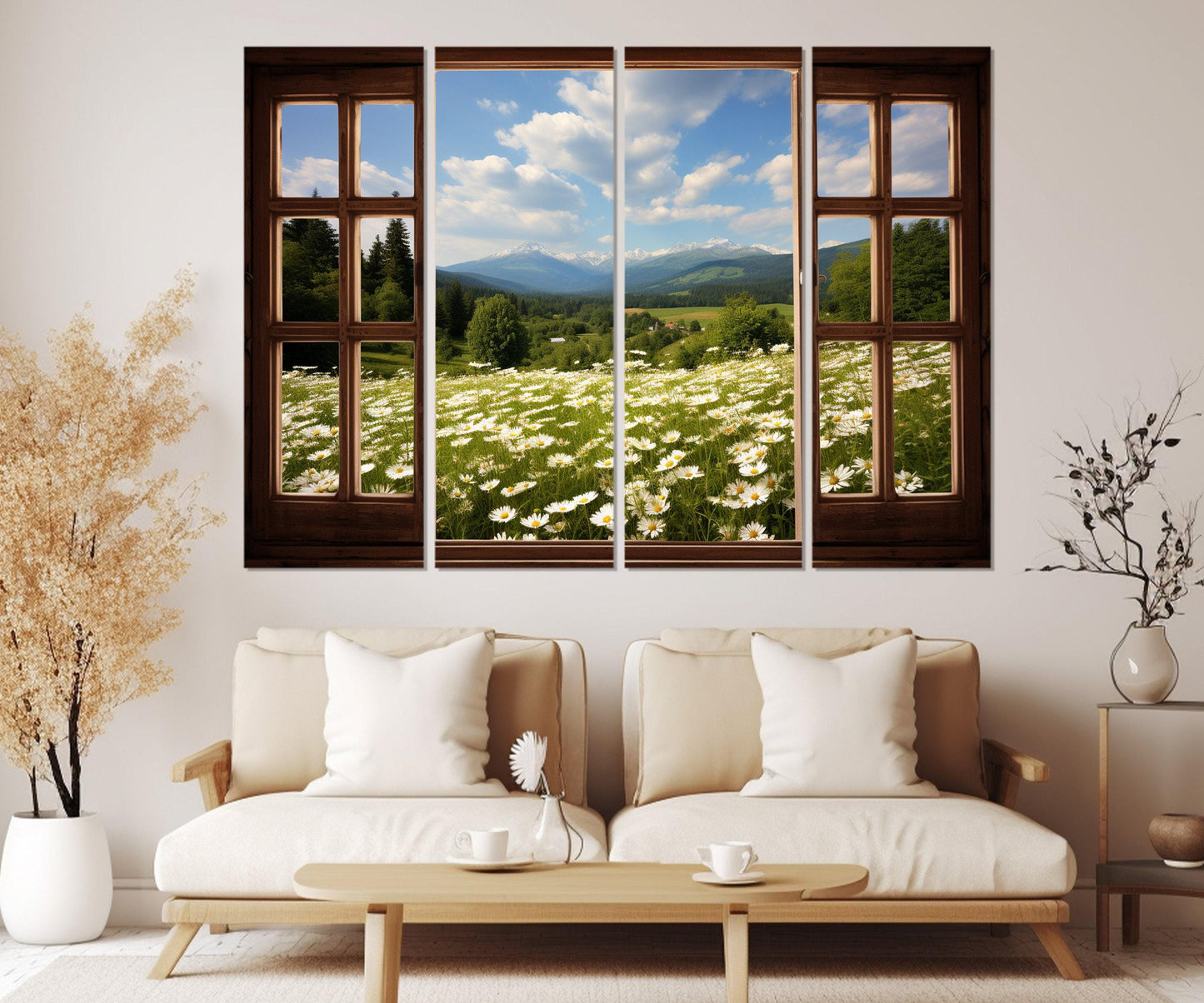 Chamomile Field Canvas – Open Window Faux Window Wall Art, Framed Canvas Print Ready to Hang
