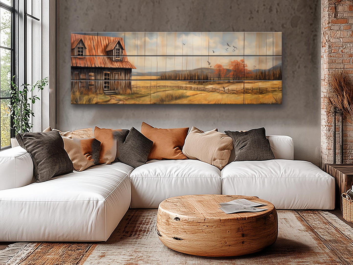 Rustic Farmhouse Wall Art – Natural Wood Artwork with Cozy Country Landscape Print