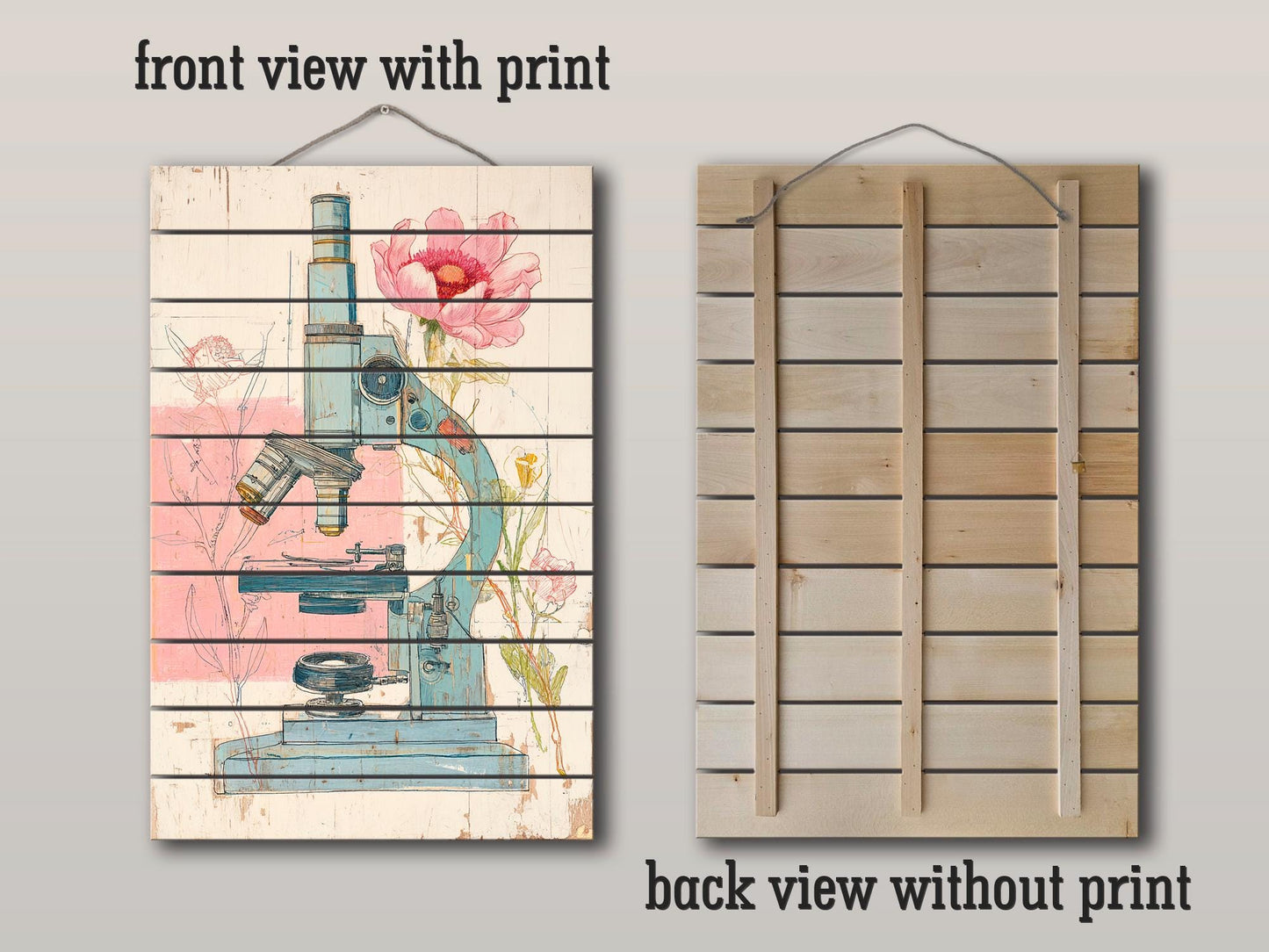 Rustic Wood Wall Art – Floral Microscope Print | Science Wall Decor On Wood Panel