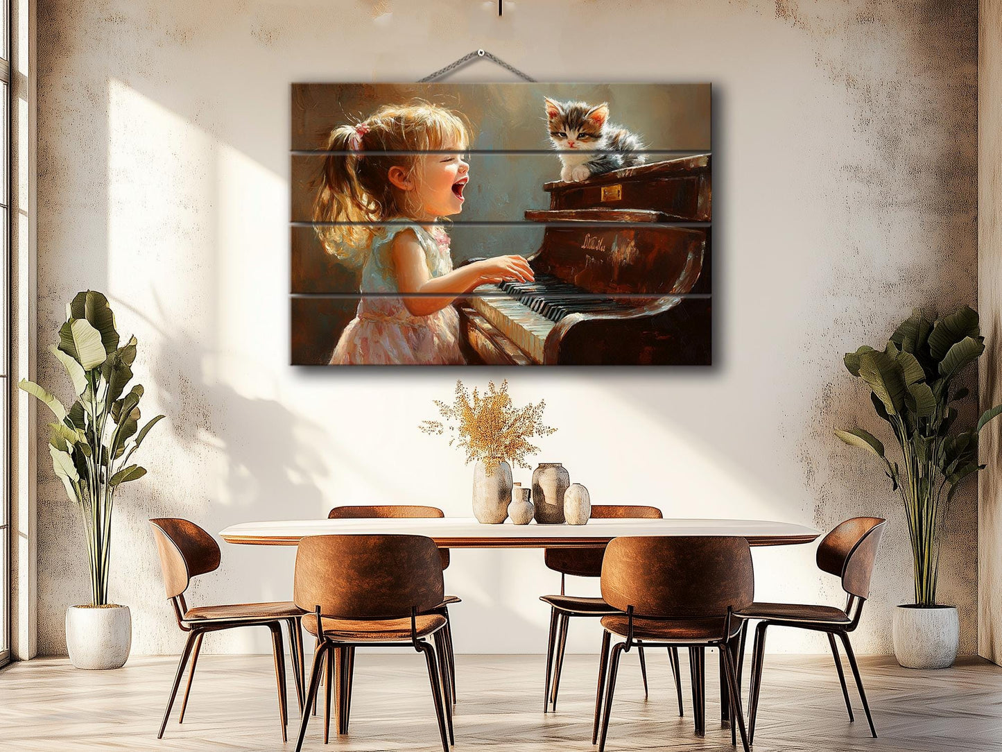 Wooden Piano Wall Art – Happy Girl Playing Piano Print on Natural Wood Plank