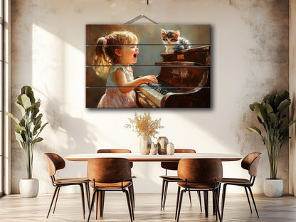 Wooden Piano Wall Art – Happy Girl Playing Piano Print on Natural Wood Plank