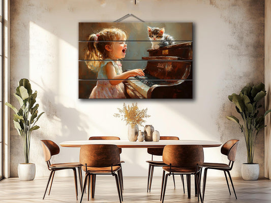 Wooden Piano Wall Art – Happy Girl Playing Piano Print on Natural Wood Plank