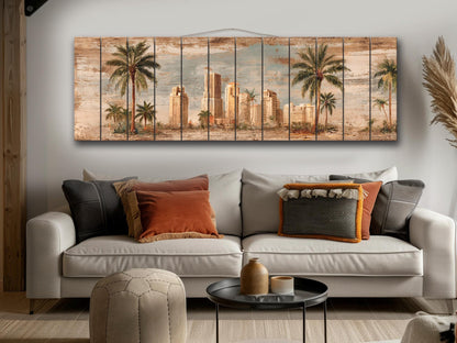 Miami Skyline Wood Print – Vintage Art Deco Cityscape on Rustic Wood Panels