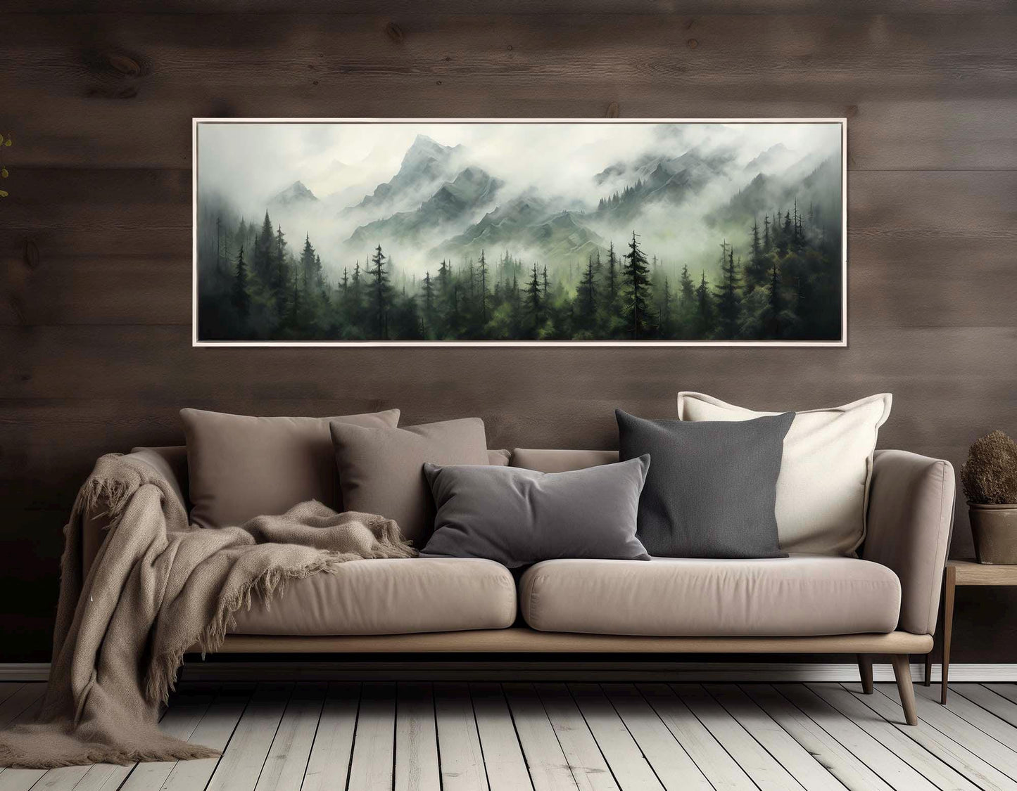 Misty Mountain Forest Canvas – Foggy Pine Trees Painting | Framed & Ready to Hang