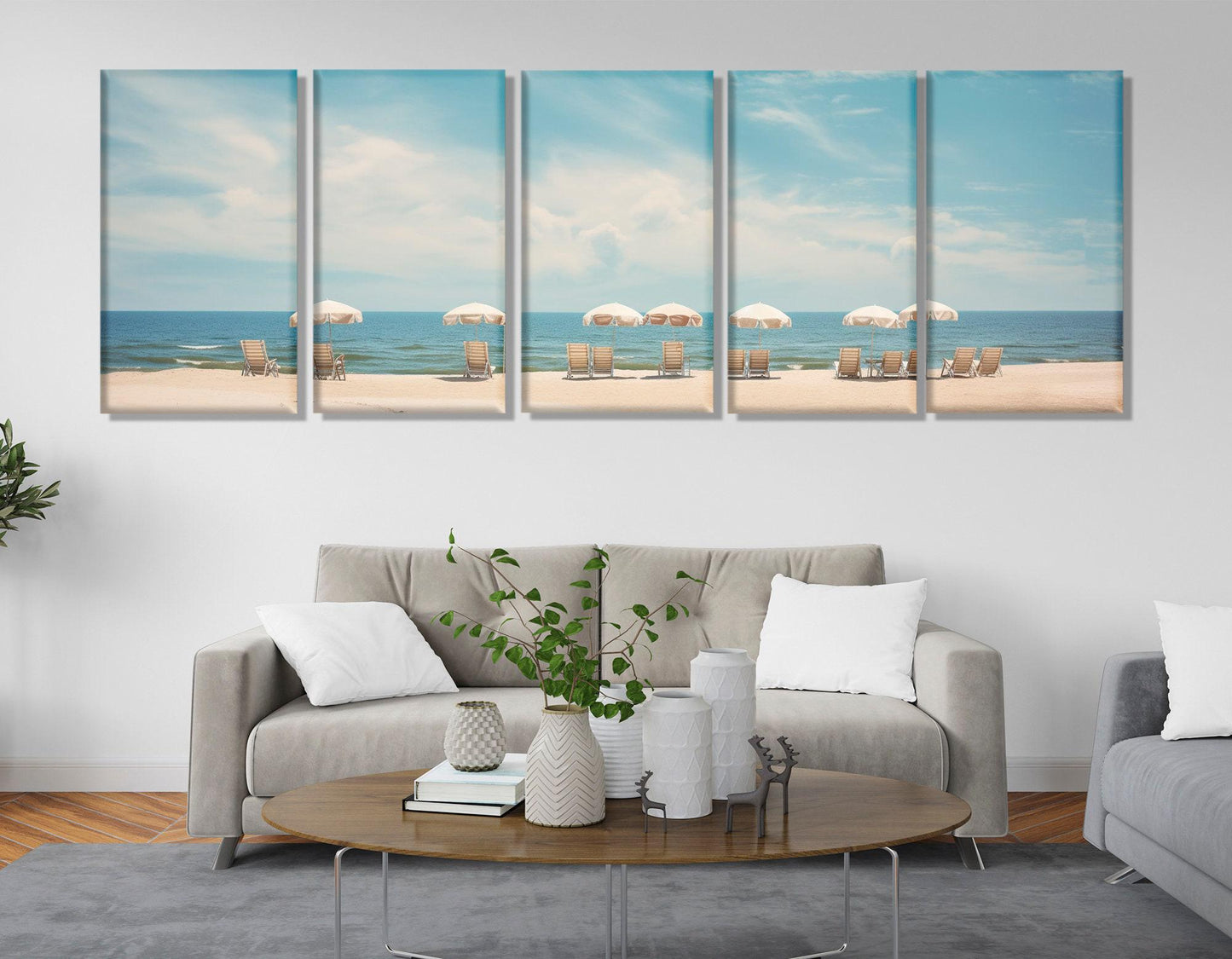 Beach Canvas Print - Framed Canvas Art with Sun Loungers & Umbrellas, Ready to Hang