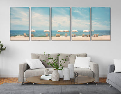Beach Canvas Print - Framed Canvas Art with Sun Loungers & Umbrellas, Ready to Hang