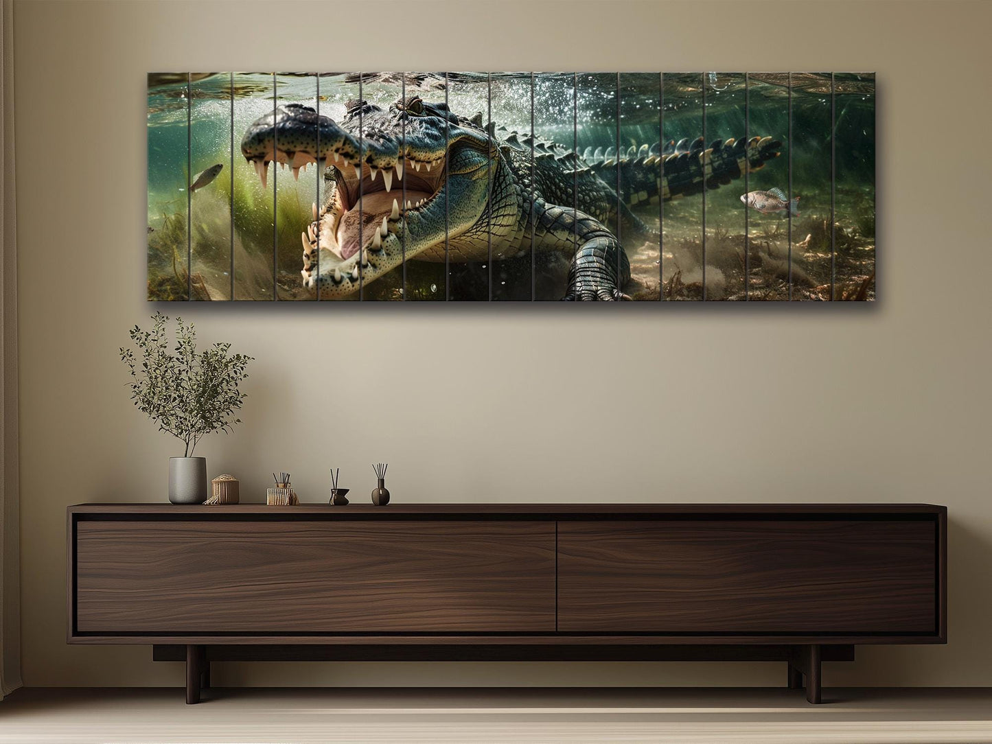 Crocodile Wood Wall Art – Natural Wood Print | Rustic Wooden Wall Decor
