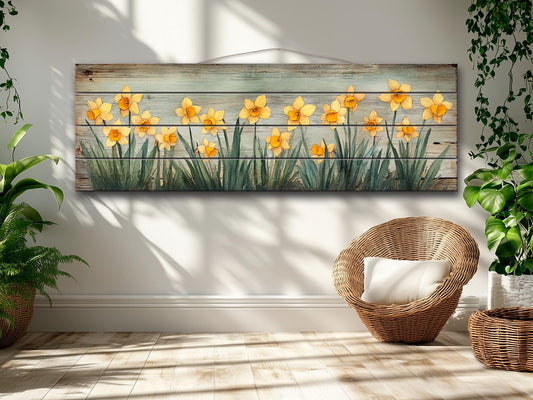 Rustic Wood Wall Art – Vintage Daffodils Print on Natural Wood Panel, Botanical Decor
