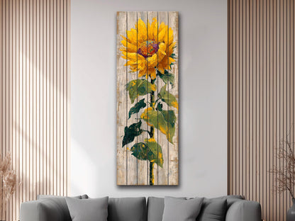 Rustic Sunflower Print on Natural Wood, Cozy Cabin Wall Decor, Wood Wall Art, Sunflower Painting, Vertical Floral Wall Art, Wood in Interior