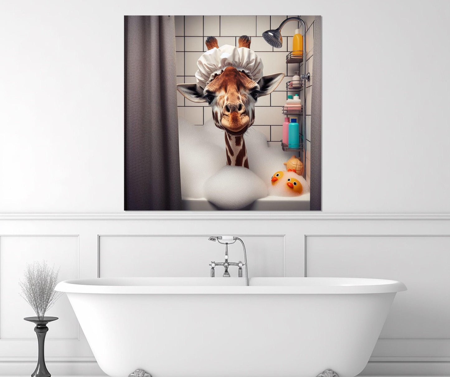 Giraffe Bathroom Art – Cute Animal Canvas With Wood Frame, Nursery Wall Decor