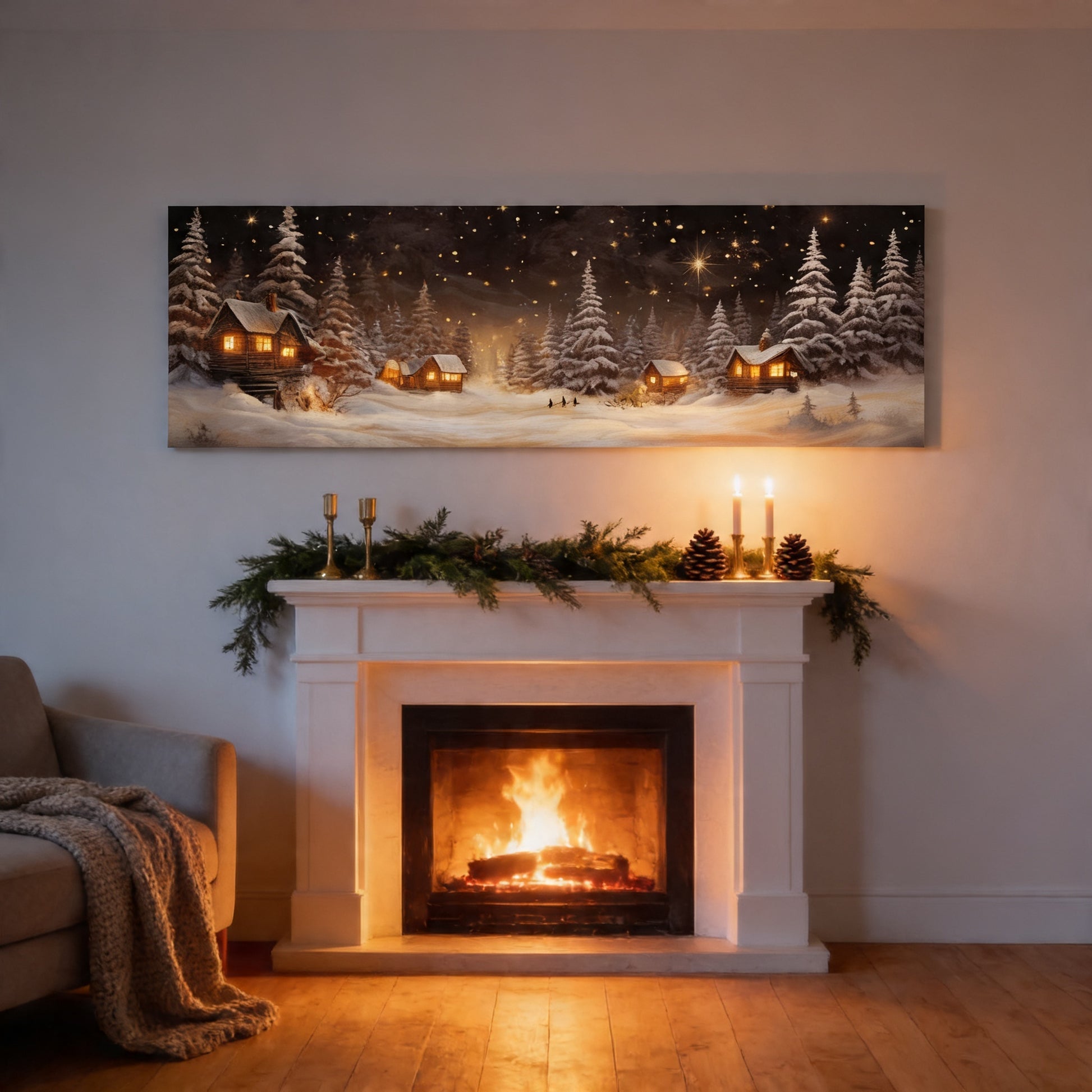 a cozy living room with a fireplace, a painting of a snowy village, and a warm fire burning inside.