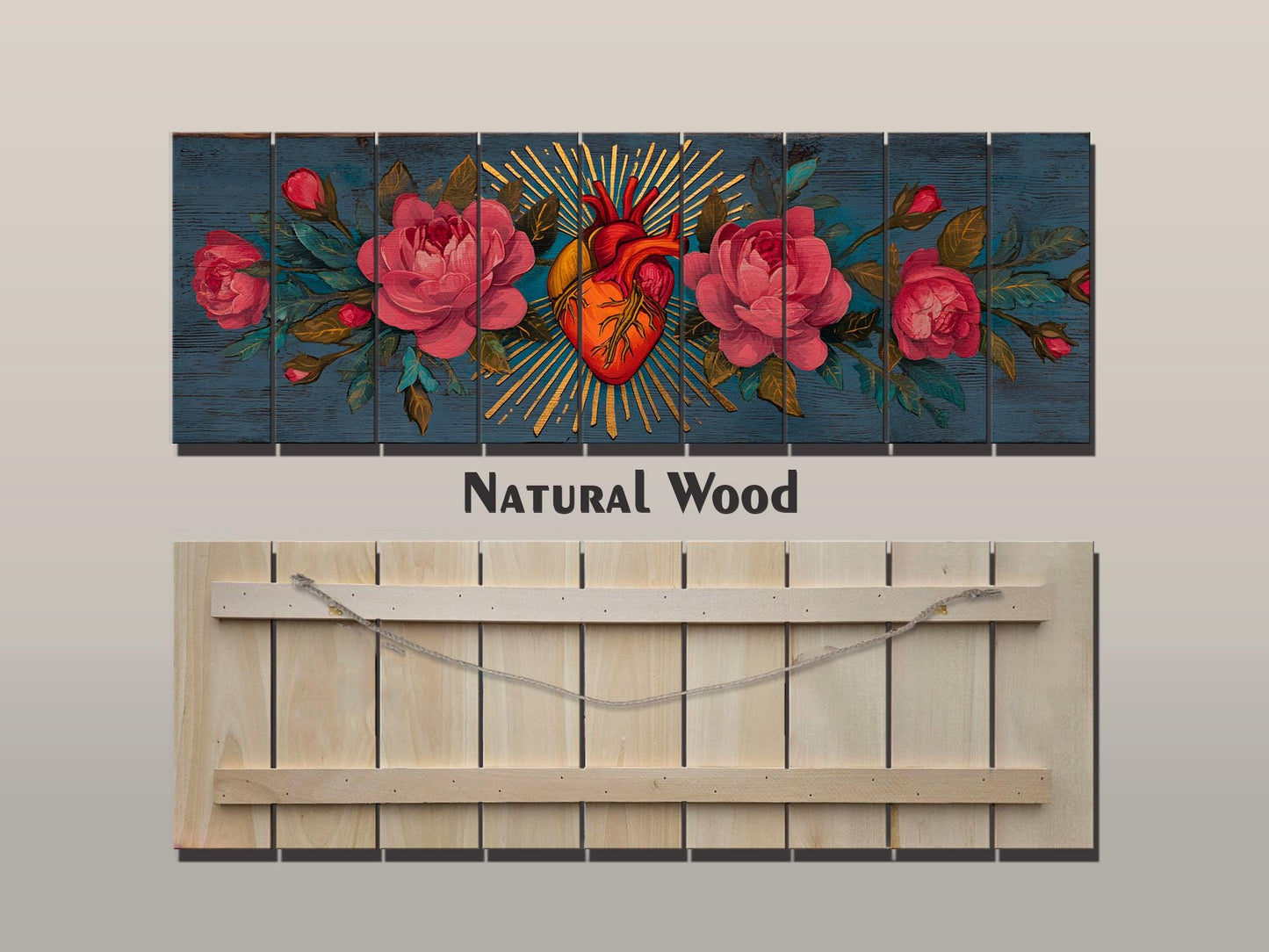 Sacred Heart Wall Art – Handcrafted Wood Wall Decor | Blooming Roses Print