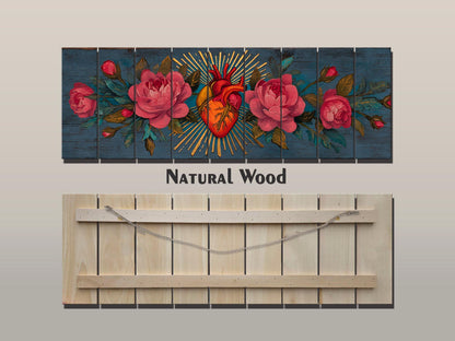Sacred Heart Wall Art – Handcrafted Wood Wall Decor | Blooming Roses Print