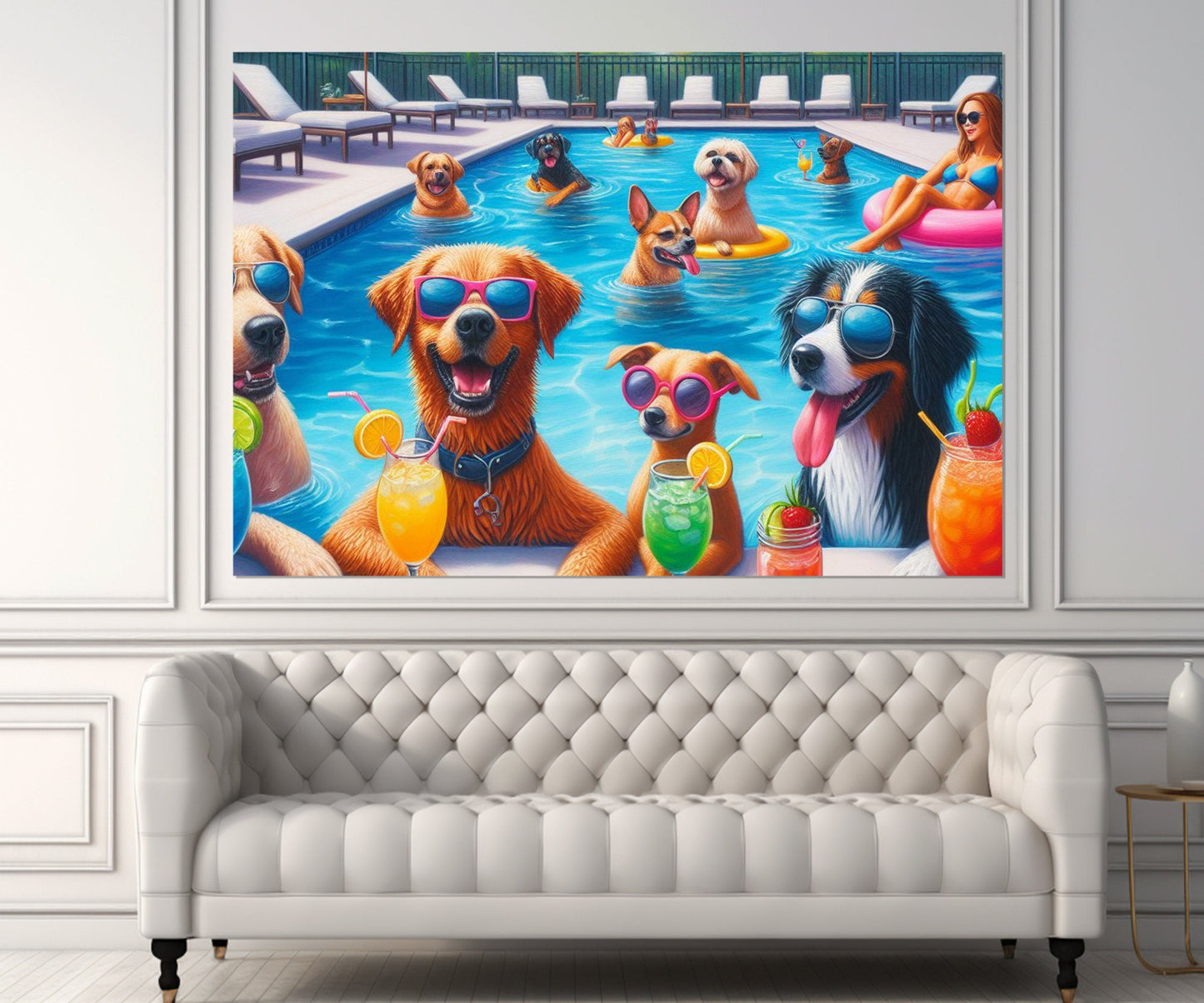 Pool Party Canvas Print - Dogs Pool Party Painting | Framed Cotton Canvas Wall Art