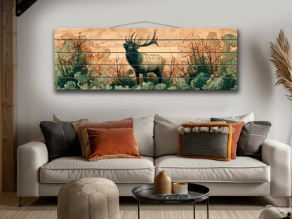 Elk Print On Wood – Rustic Wood Art With Misty Forest Wall Painting & Wildlife Decor
